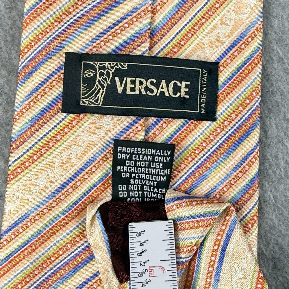 Vintage Versace Silk Tie Medusa Logo Multicolor Striped Made Italy Mens 56x3.6" - Picture 4 of 8